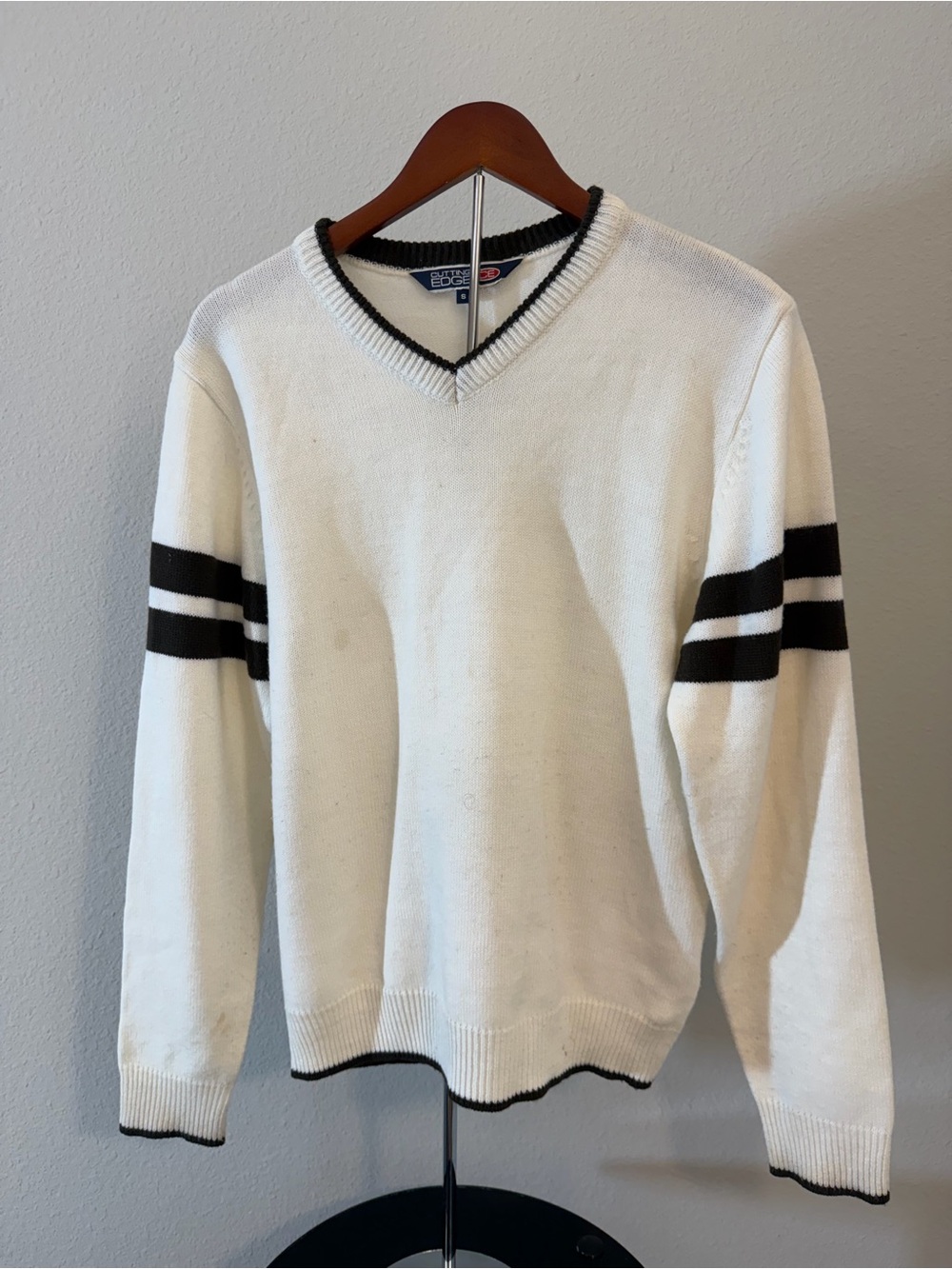 Vintage V-Neck White Sweater with Black Stripes - Cutting Edge CE